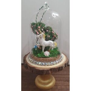 Unicorn Ornament Handmade Dome Cloche Diorama Fairy Garden Mushroom Tree Flowers